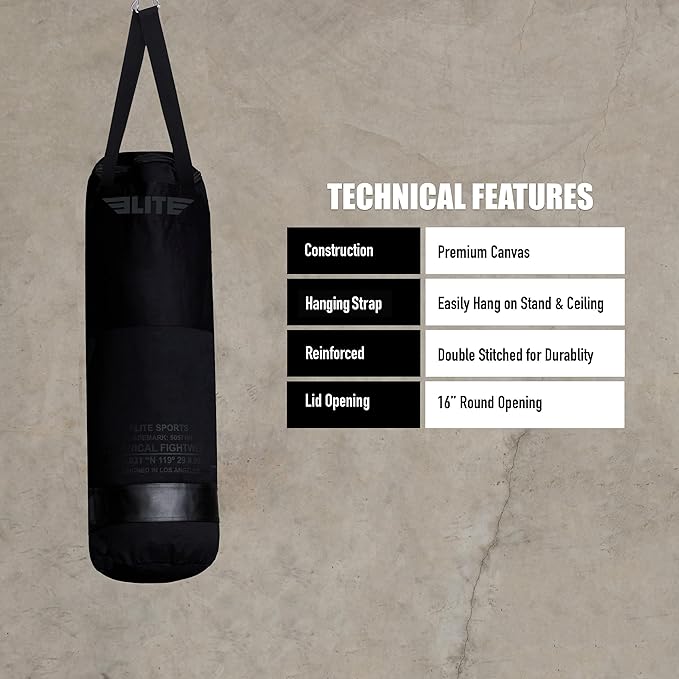 Elite Sports Boxing Bag – Heavy Duty Canvas Punching Bag with Straps for Boxing, Training, MMA, Muay Thai, Kickboxing, Martial Arts & Fitness – Unfilled Heavy Bag