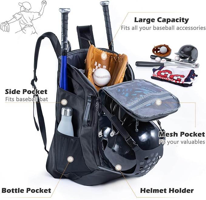 | Baseball Bag Softball Bat Bag, Double-layer Baseball Backpack Adult with Gear Klip To Hold Baseball Glove, Baseball Essential Gear, Youth Baseball Bag for Boys, Girls, Baseball Accessories