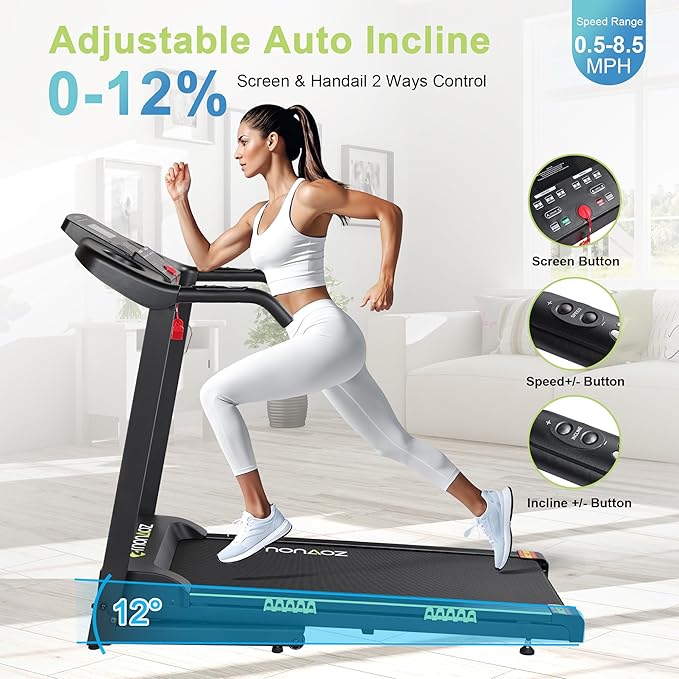 Treadmills for Home, Treadmill with 0-12% Auto Incline, 3.0HP Folding Electric Treadmil, 18" Wide Running Machine with Bluetooth Speaker & Pulse Monitor, 300 LBS Weight Capacity