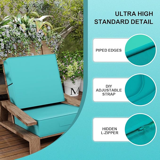 6 Inch Thick Foldable Deep Seat Cushion, 2 PCS 24 x 24 Inch Outdoor Water & Fade Resistant Olefin Patio Furniture Replacement Chair Cushion, with Removable Cover, Handle and Straps, Turquoise