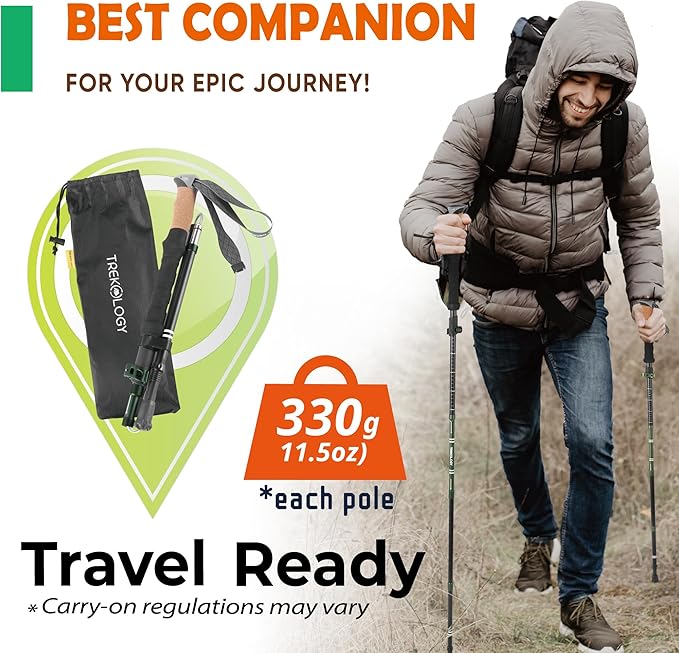 TREKOLOGY Trek-Z Cork Grip Trekking Poles – Lightweight Folding Hiking Poles, Adjustable Height, Compact Travel Design, Aircraft-Grade Aluminum Walking Sticks for Men & Women