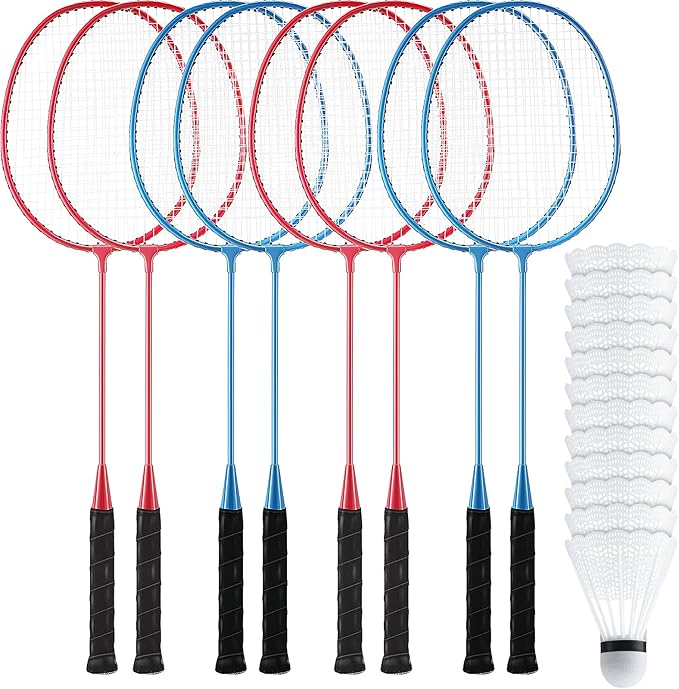 Woanger 8 Packs Badminton Rackets Set with 12 Badminton Racquets for Adult Backyard Gym Beach Outdoor Games