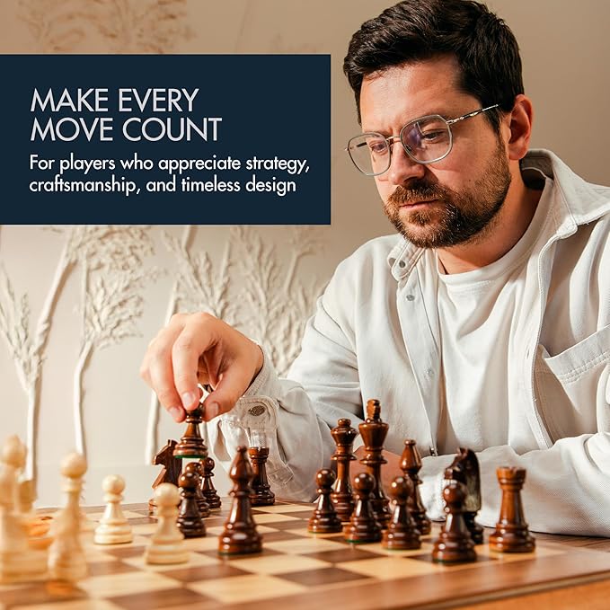 17 Inch Chess Checkers Backgammon Set for adults, Wooden chess set combo, portable folding two sided board multi game design, maple walnut inlay with large weighted pieces, acrylic checkers