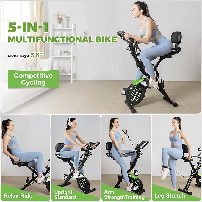 Caromix Folding Exercise Bike, 5 in 1 Stationary Magnetic Cycling Bicycle Upright Indoor Cycling Bike for Home Workout 330LB Capacity