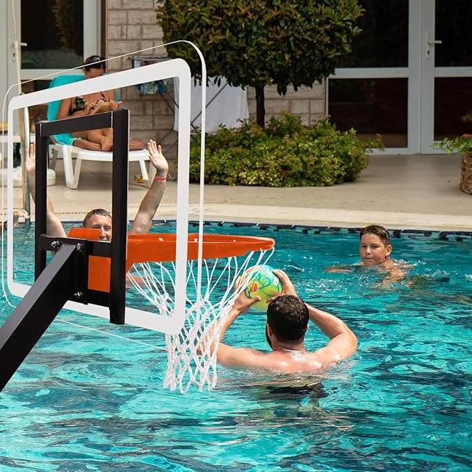 PROGOAL Aluminum Shot and Dunk Poolside Basketball Hoop - In Ground Removable Rust-Resistant Adjustable Height Pool Basketball Game System with Clear Backboard 1/2 Springs Rim and Three Balls