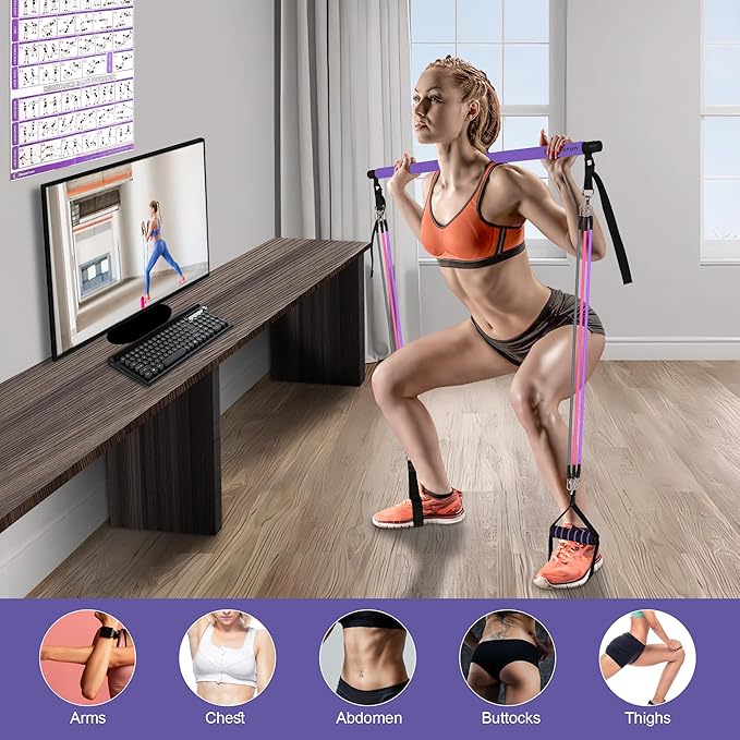 Portable Pilates Bar Kit with Resistance Bands for Men and Women - 3 Set Exercise Resistance Bands - Multifunctional Home Gym - Supports Full-Body Workouts β with Fitness Poster and Video