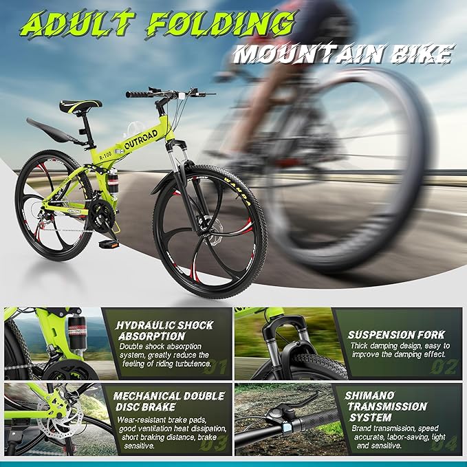 Betterland 26 Inch Folding Mountain Bike, 21 Speeds Full Suspension Foldable Bikes, Dual Disc Brake, High Carbon Steel Frame and Non-Slip Quick Release tire Bicycle for Adult