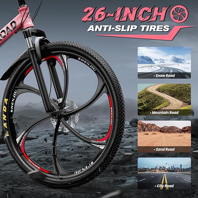 Betterland 26 Inch Folding Mountain Bike, 21 Speeds Full Suspension Foldable Bikes, Dual Disc Brake, High Carbon Steel Frame and Non-Slip Quick Release tire Bicycle for Adult