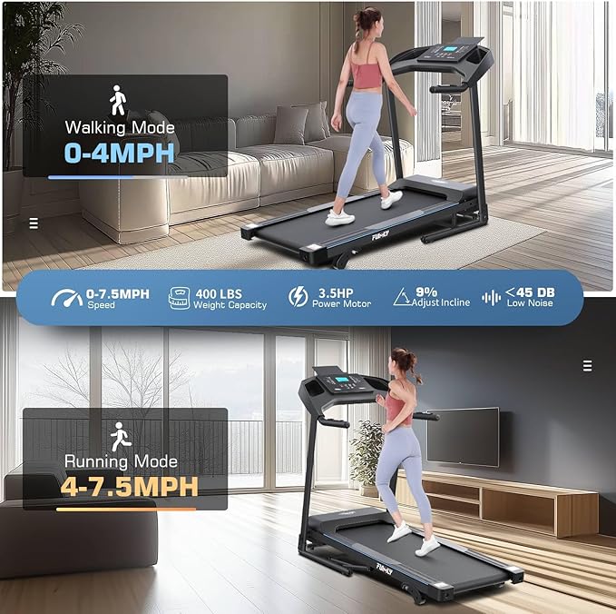Incline Treadmill Foldable, Smart Portable Treadmills for Home with Body Fat Measurement & Heart Rate Sensor, 3.5HP Heavy Duty Folding Treadmill 400 LB Capacity with Silent Shock Absorption