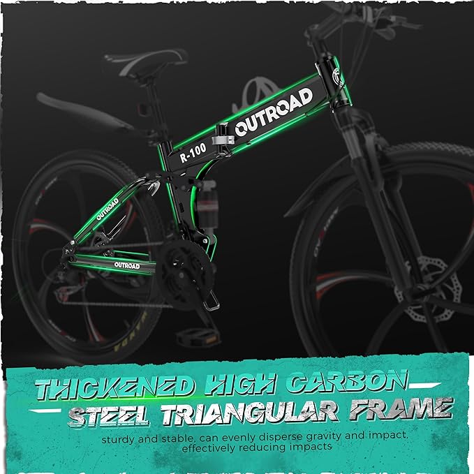 Outroad 26 Inch Folding Mountain Bike, 21 Speed Full Suspension High-Carbon Steel MTB Foldable Bicycle, Dual Disc Brake Non-Slip Folding Bikes for Adults/Men/Women, Black, Orange and Green
