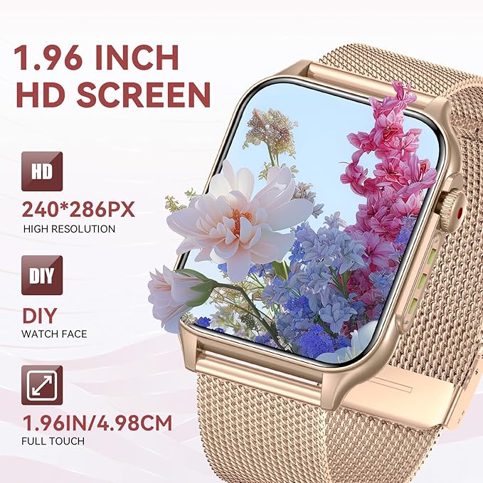 Smart Watches for Women (Answer/Make Call) with LED Flashlight, 1.96" HD Touch Screen Fitness Tracker with Heart Rate Sleep Monitor, Waterproof Smartwatch with 100+ Sports Modes