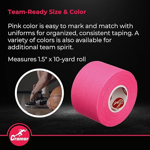 Cramer Team Color Athletic Tape, Pink, Latex-Free, 1.5" x 10yds, 32 Roll Bulk Case, Tearable Sports Tape for Wrists, Ankles, Baseball, Training, Strong Athletic Wrap for Athletes & Trainers