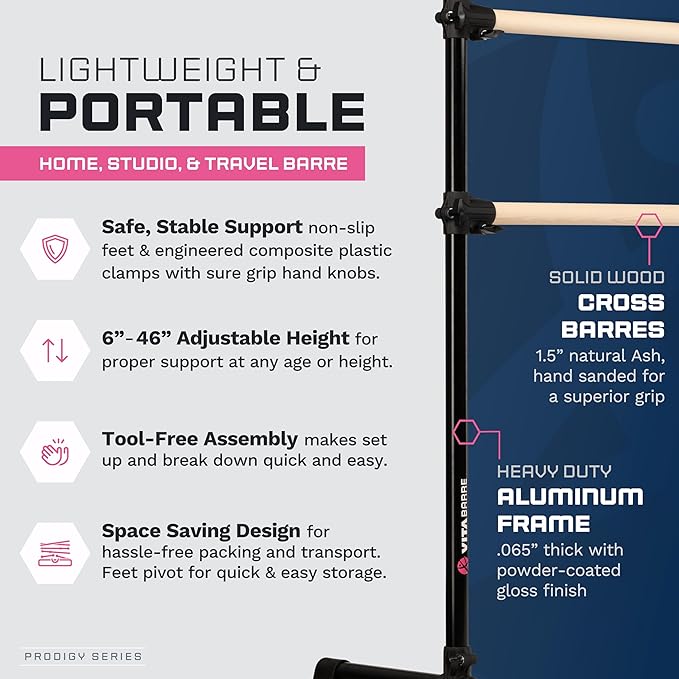 VITA Barre Portable Freestanding Double Ballet Barre, Prodigy, with Carry Bag | Adjustable Height, USA Made, Home or Gym Exercise Equipment for Kids & Adults | Dance, Fitness, Pilates