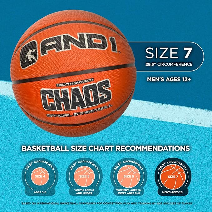 AND1 Xcelerate Rubber Basketball: Official Regulation Size 7 (29.5”) Streetball, Made for Indoor/Outdoor Games