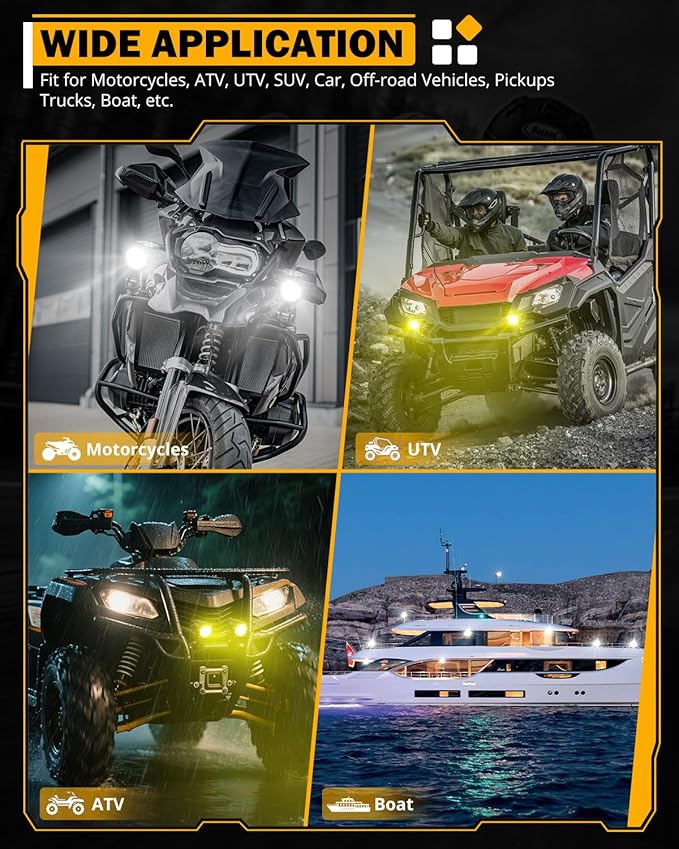 Auxbeam Motorcycle Auxiliary Lights Fog Lights LED Driving Light Spotlight with Halo DRL, White/Amber 8 Modes Dual-Color Strobe LED Offroad Work Lights for Motorcycle SUV ATV Trucks