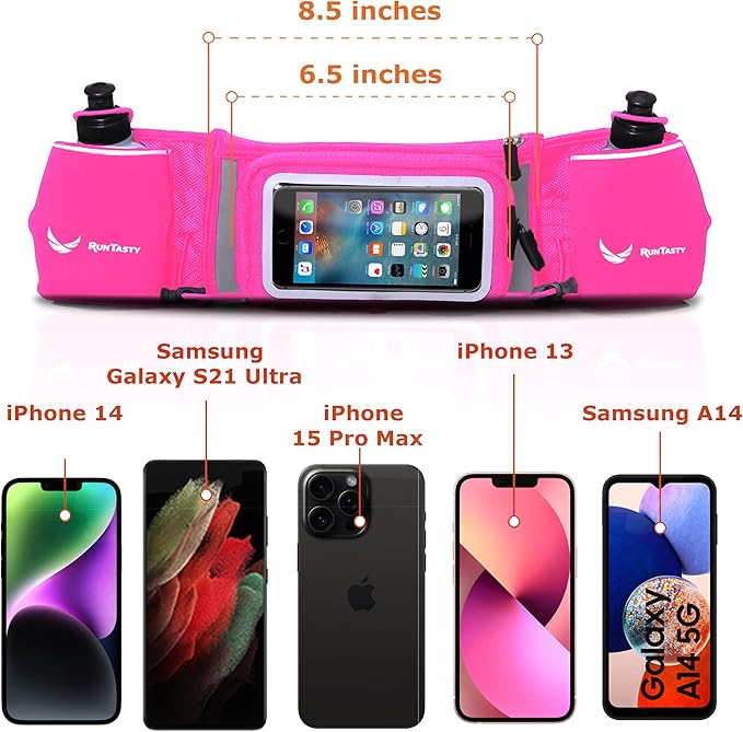 No.1 Hydration Belt by Runtasty - Premium Running Fuel Belt w/2 BPA-Free 10 oz Water Bottles, Tilt-Up Pocket w/Touchscreen-Ready Cover - Fits All iPhones, Runners Ebook & No-Bounce Design