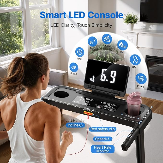 MERACH Foldable Treadmill with Incline, 7.5MPH Quiet Treadmills for Home with Double Deck Technology, 4 Silicone Shock Cushion, Heart Rate Monitoring,16.5" Wider Belt, APP
