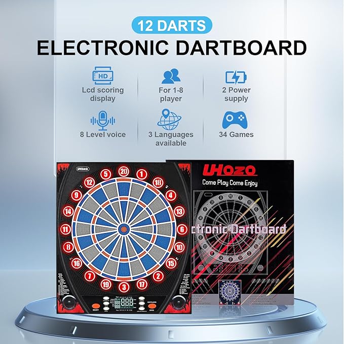 Electronic Dartboard, Dual Speakers with Automatic Voice Announcing Score, High Definition LCD Display, Includes 12 Soft Tip Darts, Suitable for Family Gatherings Bar Entertainment