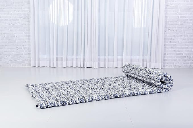 Leewadee - Foldable Floor Mattress - Japanese Roll Up Futon -Trifold Tatami Mat- Guest Floor Bed - Camping Mattress - Thai Massage Mat, Kapok Filled, 75 x 28 inches, Blue White