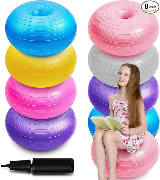 Lewtemi 8 Pcs Flexible Seating for Classroom Elementary 20'' Yoga Ball Chair Large Inflatable Donut Exercise Ball Chair Wobble Seat with Inflator for Kids Student Balance