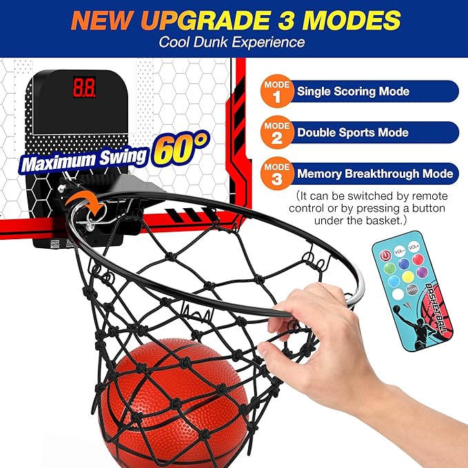 ropoda Indoor Basketball Hoop, Mini Hoop with Remote Controll, 7 LED Lights, 3 Modes Scoreboard, Mini Hoop with 4 Balls Over The Door, Basketball Hoop Indoor, Toys Gifts for Kids Adults