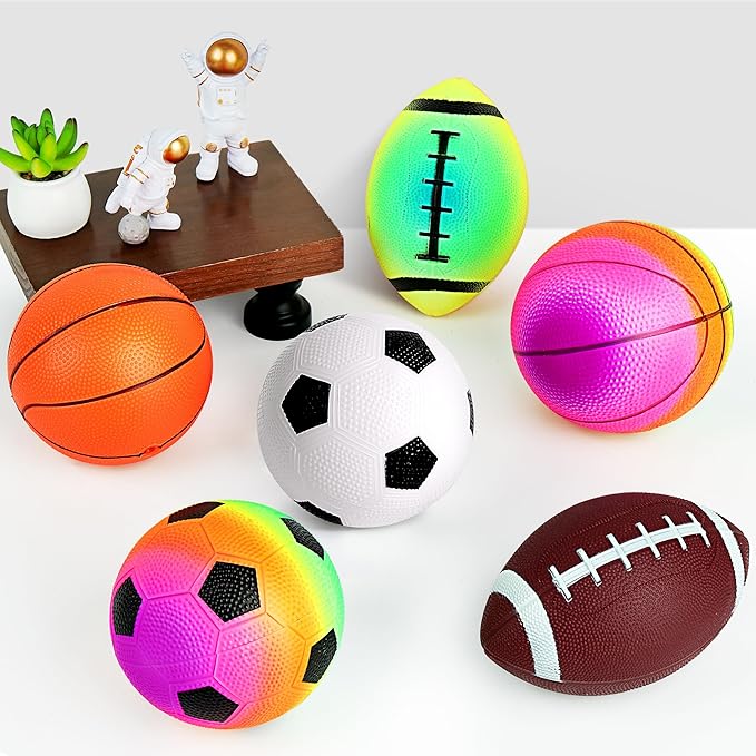 Small Sports Balls for Toddler Pack of 6, 2 Each of 5" Football, Basketball, Soccer for Playground, Toy Balls Inflatable Multi-Sport Ball Set with 1 Pump for Indoor and Outdoor Activities