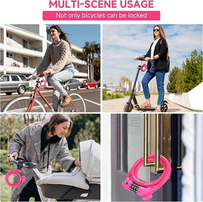 Bike Lock, 3.9 Feet 4-Digit Resettable Combination Password Anti-Theft Cable Lock, Cute Coiled Bike Lock with Mounting Bracket, Suitable for Bicycles, Electric Scooters, Ebikes (Pink-10mm)