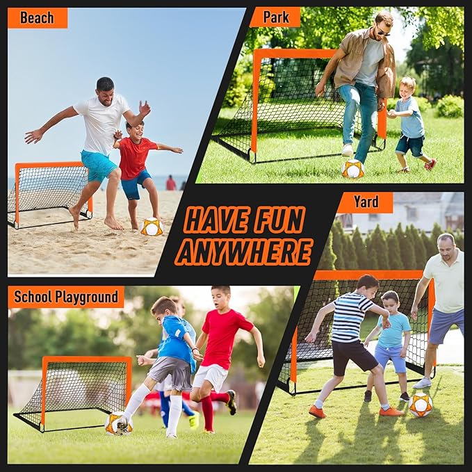 Soccer Goals for Backyard Set, 2 of 4×3 ft Orange Portable Soccer Goal Training Equipment for Games and Training for Backyard for Teens, Comes with Inflator, Soccer Ball, Football Cone