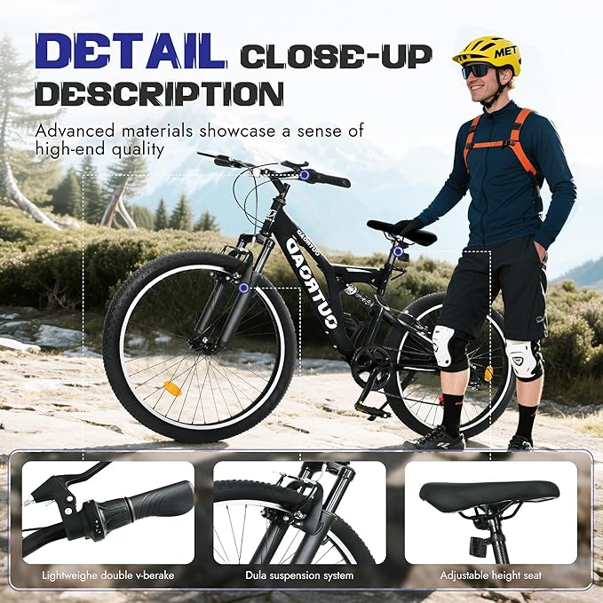 Outroad 26 Inch Mountain Bike, 7-Speed/High-Carbon Steel/Aviation Grade Frame with V Brake, Adjustable Ergonomic Seat Bicycle for Men Women Adult, MTB with Shock Absorption System