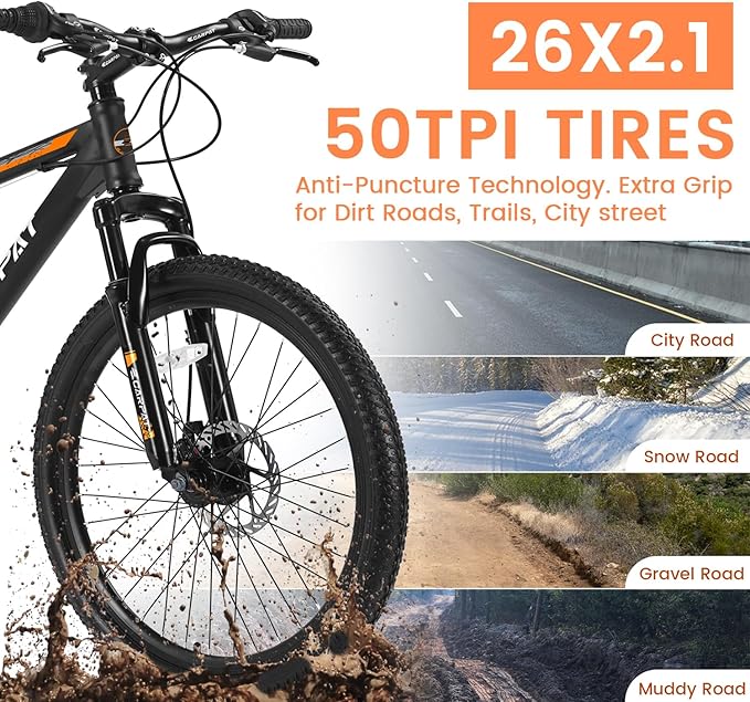 24/26 Inch Mountain Bike, 21 Speed Mountain Bicycle with High Carbon Steel Frame, Dual Disc Brakes and Front Suspension, MTB Bike for Adult Teenagers Boys Girls