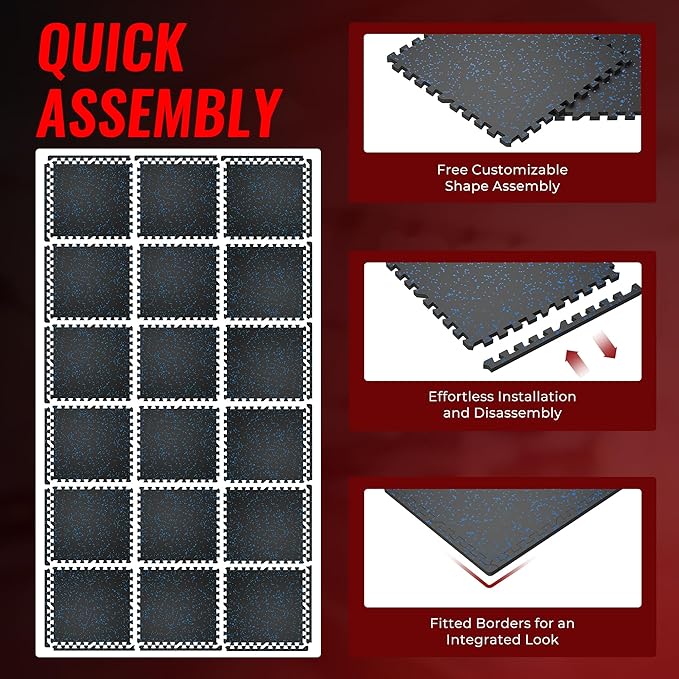 SUPERJARE 0.79'' Extra-Thick Exercise Equipment Mats, 18 Pcs 72 Sq Ft Rubber Top Floor Tiles with High Density EVA Foam, Interlocking Gym Flooring for Home Gym, Workout Mat, Black/Blue