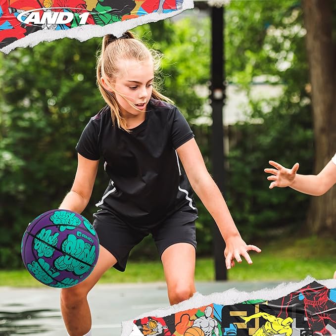 AND1 Toss Up Basketball : Youth Sized Rubber Streetball for Indoor and Outdoor Use, Deep Channel Construction and Durability, Includes 10” Pump