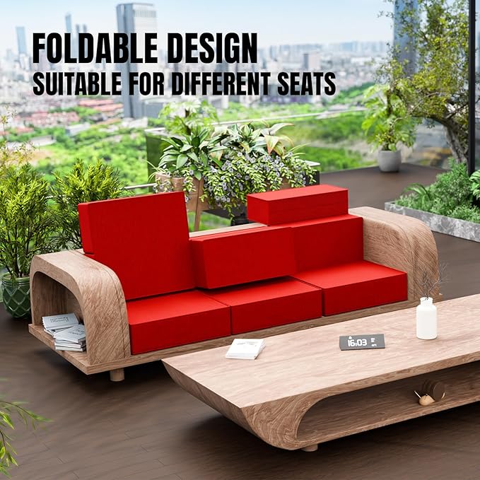 6 Inch Thick Foldable Deep Seat Cushion, 2 PCS 24 x 24 Inch Outdoor Water & Fade Resistant Olefin Patio Furniture Replacement Chair Cushion, with Removable Cover, Handle and Straps, Red