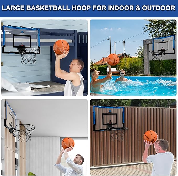 24" x 16" Large Basketball Hoop Indoor for Adults, Over The Door Hoop with Sturdy Backboard, Big Basketball Toys Gifts Ideas for Man Kids Teens Boys Girls, Blue