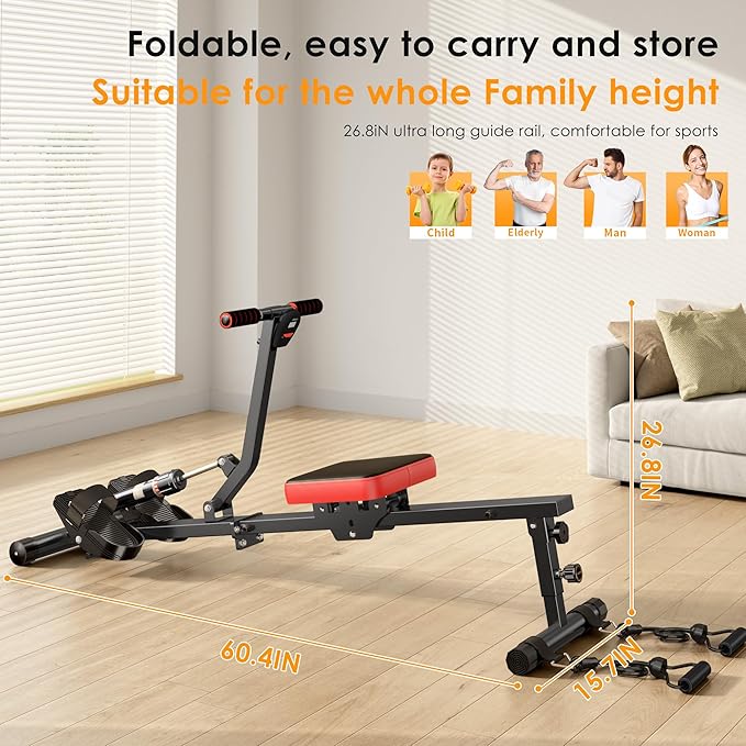 soges Rowing Machine for Home,Indoor Exercise Rower Machine with Digital Monitor,12 Levels Adjustable Resistance Portable Rower w/Wheels,400LBS Weight Capacity Gyms Fitness and Cardio Training,Black