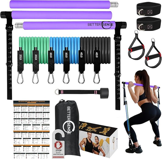 Upgraded Pilates Bar Kit – 39” Adjustable Exercise Equipment for Men, Women with 6X 20, 30, 40 lbs Resistance Bands with Adjustment Buckle – Pilates Equipment for Home Workouts for All Fitness Levels