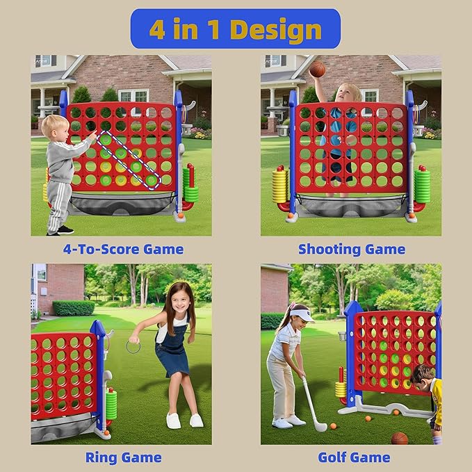 Furnideco Giant 4 Connect in a Row Game, Height Adjustable Jumbo Yard Games for Kids and Adults Outdoor Play, Backyard Large Four Connect Floor Games