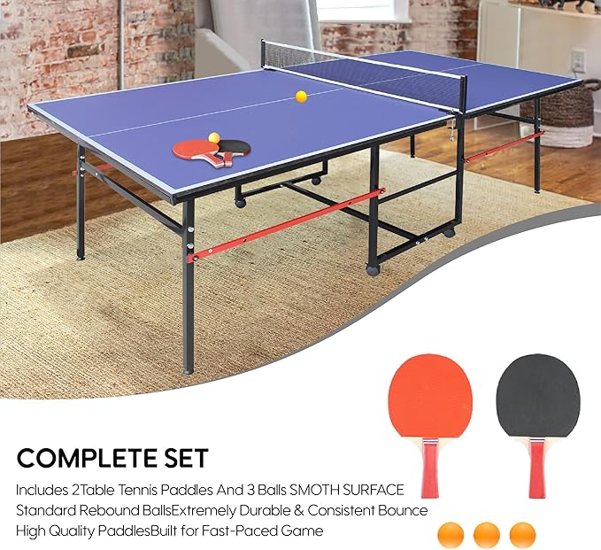 Professional Foldable Ping Pong Table for Indoor & Outdoor - 8FT Mid-Size Table Tennis Table with Net, 2 Table Tennis Paddles and 3 Balls - Quick & Easy Assembly