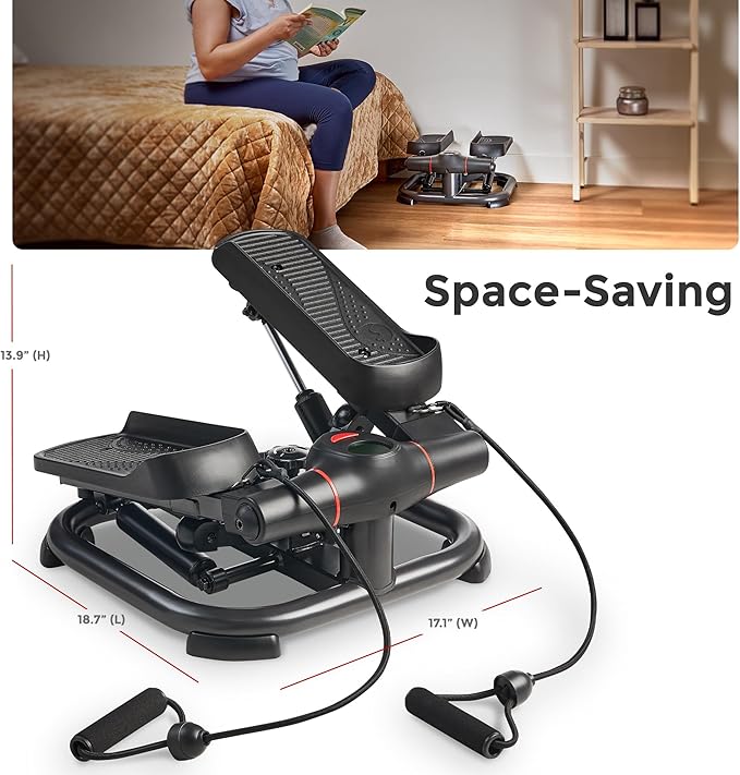 Sunny Health & Fitness 2-in-1 Premium Power Stepper with Resistance Bands, Low-Impact Cardio, Space-Saving, Height-Adjustable, with Enhanced Bluetooth Connectivity with Free SunnyFit App