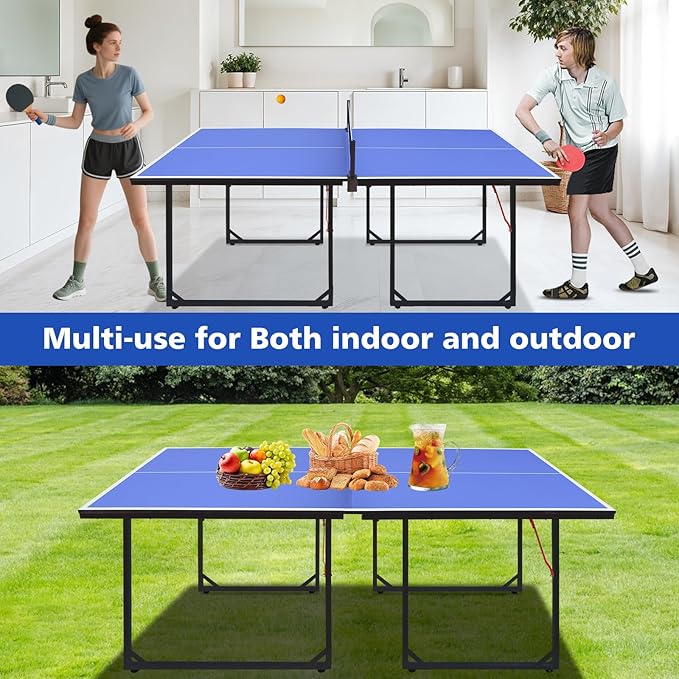 Ping Pong Table Foldable Table Tennis Table with Net, Table Tennis Paddles and Balls, 4.5FT/6FT/9FT MDF Multi-Use Family Game Table for Kid Teenager Adult, Compact & Portable