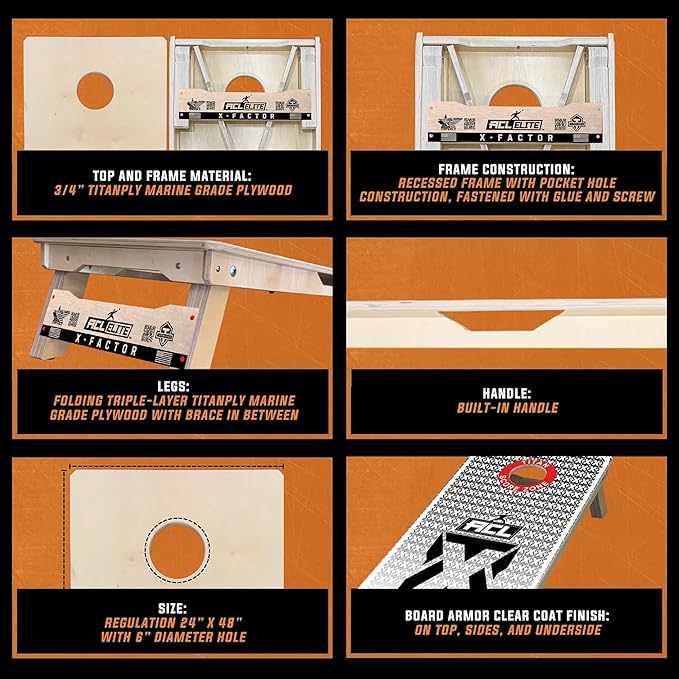 Titan Bags X Factor Cornhole Boards - ACL Elite Approved Cornhole Board Set w/Patent Pending X Underside Bracing for Maximum Durability - Regulation Size for Professional & Outdoor Sports Game