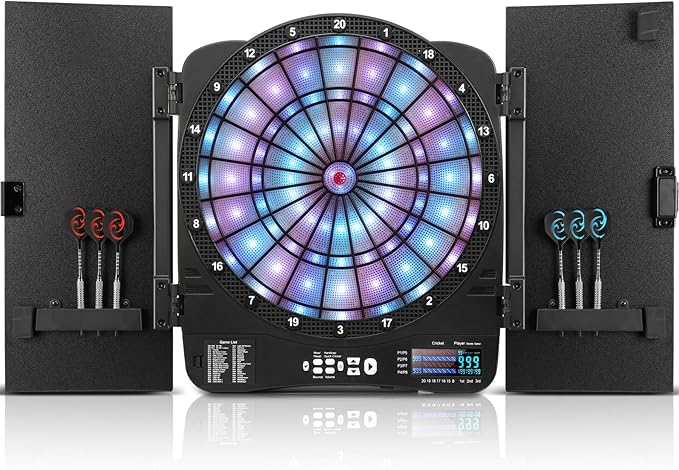 Electronic Dart Board Cabinet Set, Illuminated Target Dartboard for Adults Kids, 48 Games with 315 Variations Soft Tip Digital Dartboard Cabinets with 6 Darts, 100PCS Soft Tips