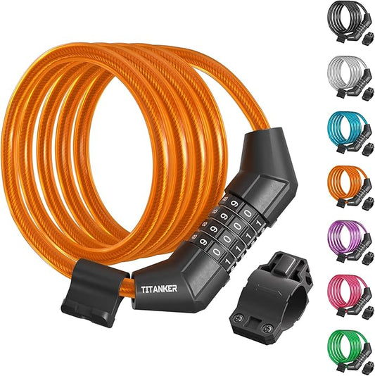 Titanker Bike Lock Cable, 4 Feet Bike Cable Lock Basic Self Coiling Kids Bike Lock Combination with Complimentary Mounting Bracket, 5/16 Inch Diameter (4FT, Orange-8mm)