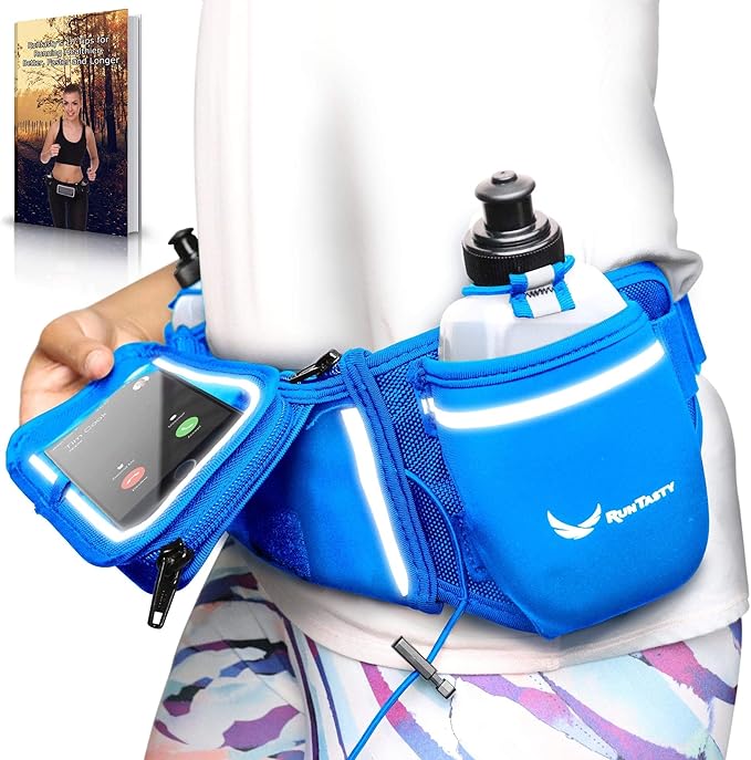 No.1 Hydration Belt by Runtasty - Premium Running Fuel Belt w/2 BPA-Free 10 oz Water Bottles, Tilt-Up Pocket w/Touchscreen-Ready Cover - Fits All iPhones, Runners Ebook & No-Bounce Design