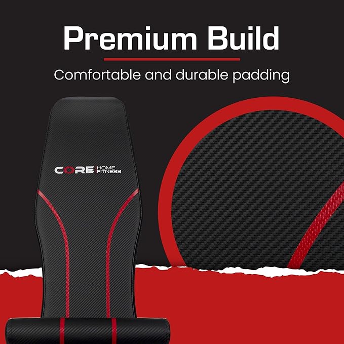 Adjustable Bench By Core Home Fitness, Foldable Weight Bench, Incline/Decline/Flat Bench, 7 Back Adjustments, Adjustable Seat, Black/Red (51MAB)