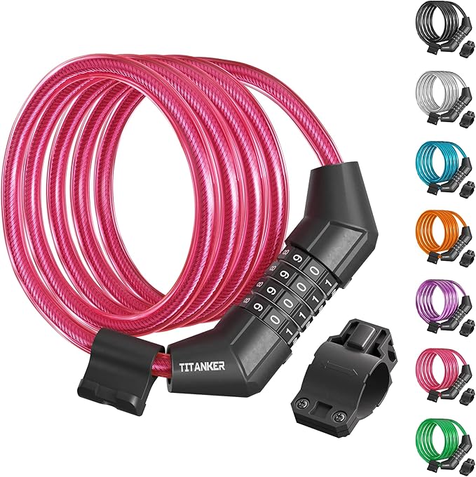 Titanker Bike Lock Cable, 4 Feet Bike Cable Lock Basic Self Coiling Kids Bike Lock Combination with Complimentary Mounting Bracket, 5/16 Inch Diameter (4FT, Pink-8mm)