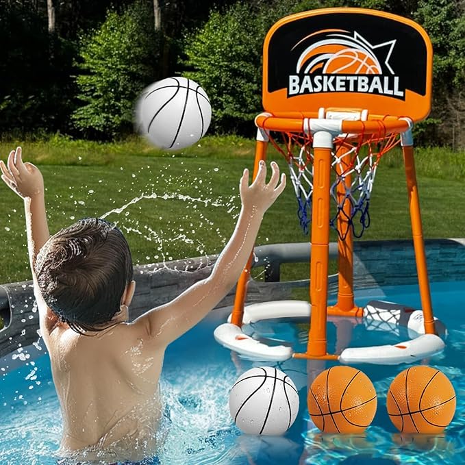 Pool Basketball Hoop with Backboard, Floating Basketball Hoop for Pool with 4 Balls & Pump, Pool Toys for Kids and Adults