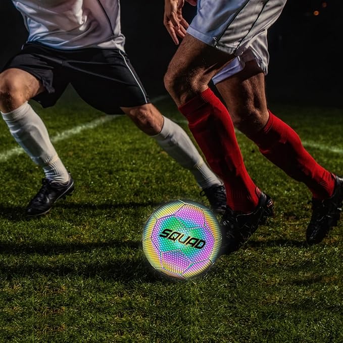 SQUAD Holographic Reflective Soccer Ball Size 5 - Reflective Glowing Ball for Night Games & Training - Durable PU Leather and Rubber Airbags - Cool & Unique Gift for Soccer Fans