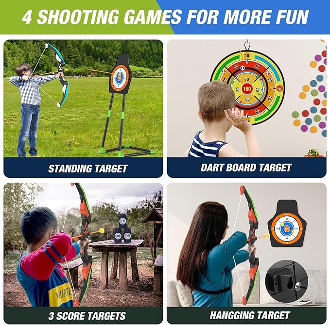 2 Pack Kids Bow and Arrow with 29" Large Dart Board, LED Light Up Archery Set with 24 Suction Cup Arrows, Indoor Outdoor Sport Toys Gifts for 3 4 5 6 7 8 9 10 11 12 Year Old Boys Girls