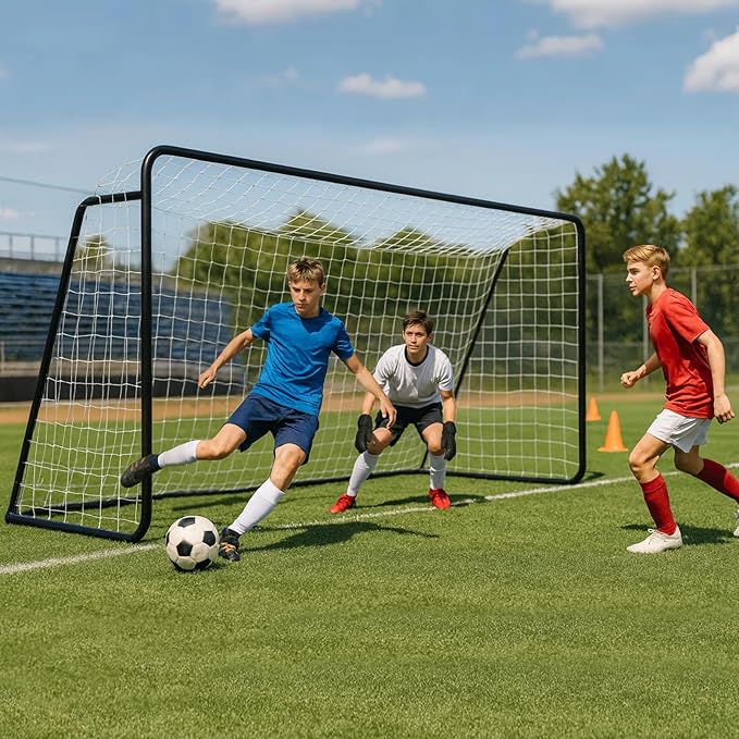MOPHOTO 6x4/8x6/10x6.5/12x6/16x7ft Soccer Goals for Backyard, Foldable Steel Soccer Goal with 6 Cones, Weatherproof Soccer Goal for Teens/Adults Practice Training